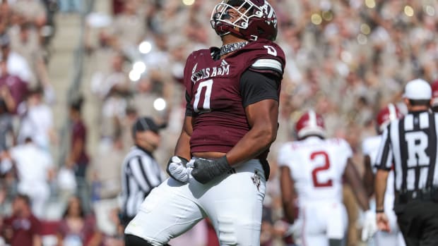 Texas A&M Aggies defensive lineman Walter Nolen (0) reacts after a play during the second quarter against the Alabama Crimson Tide at Kyle Field.